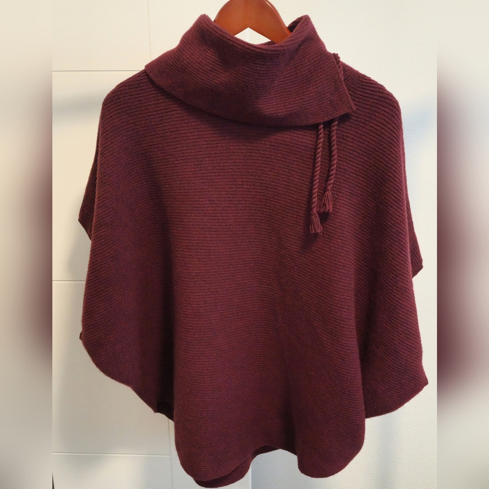 Repeat 100% Extrafine Merino Wool Rib Knit Poncho with Wide Turtleneck